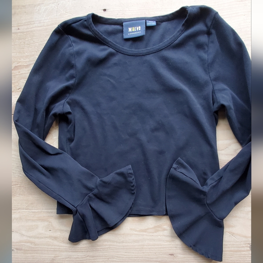 Maeve By Anthropologie Black Ruffle Sleeve Top